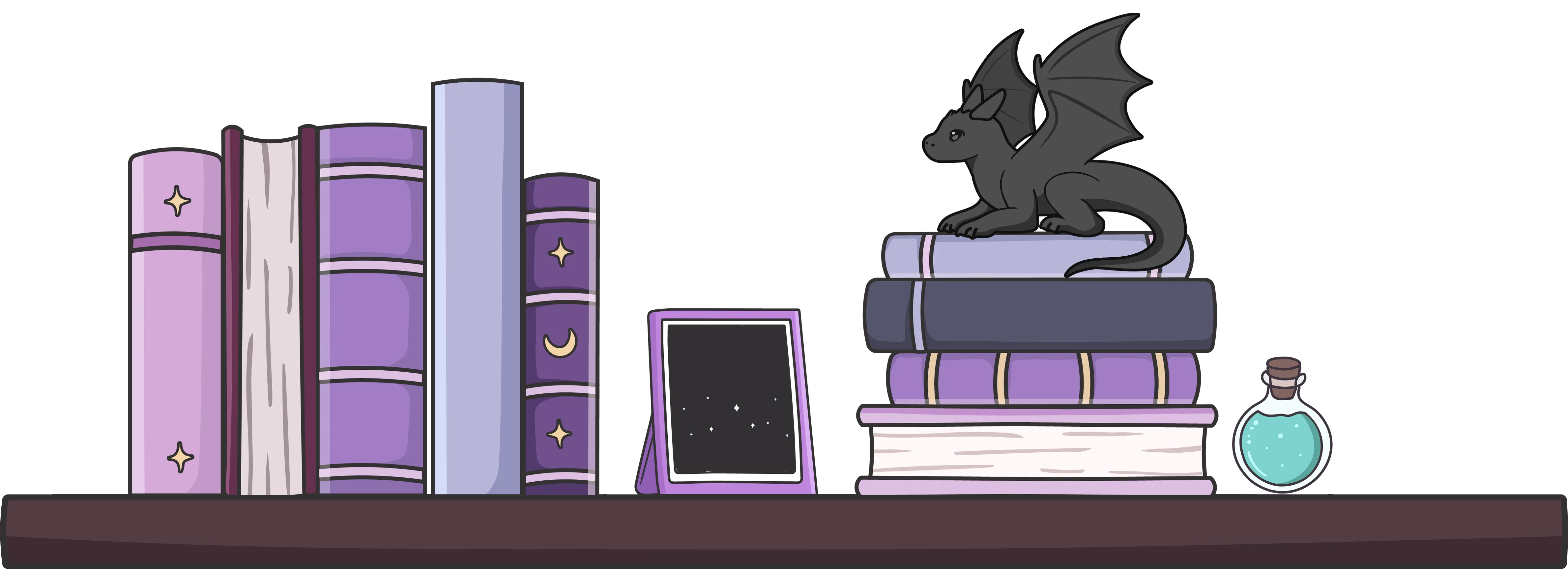 Banner illustration featuring a bookshelf of fantasy inspired books and a small black dragon, in a cute style.